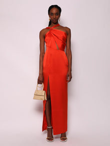 Women | RASARIO | Draped Satin Asymmetric Cut-out Gown With Ring | Orange