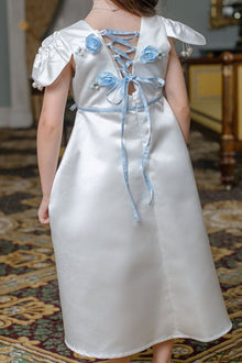 Daphne White Satin Dress with Blue Embroidery | Blue