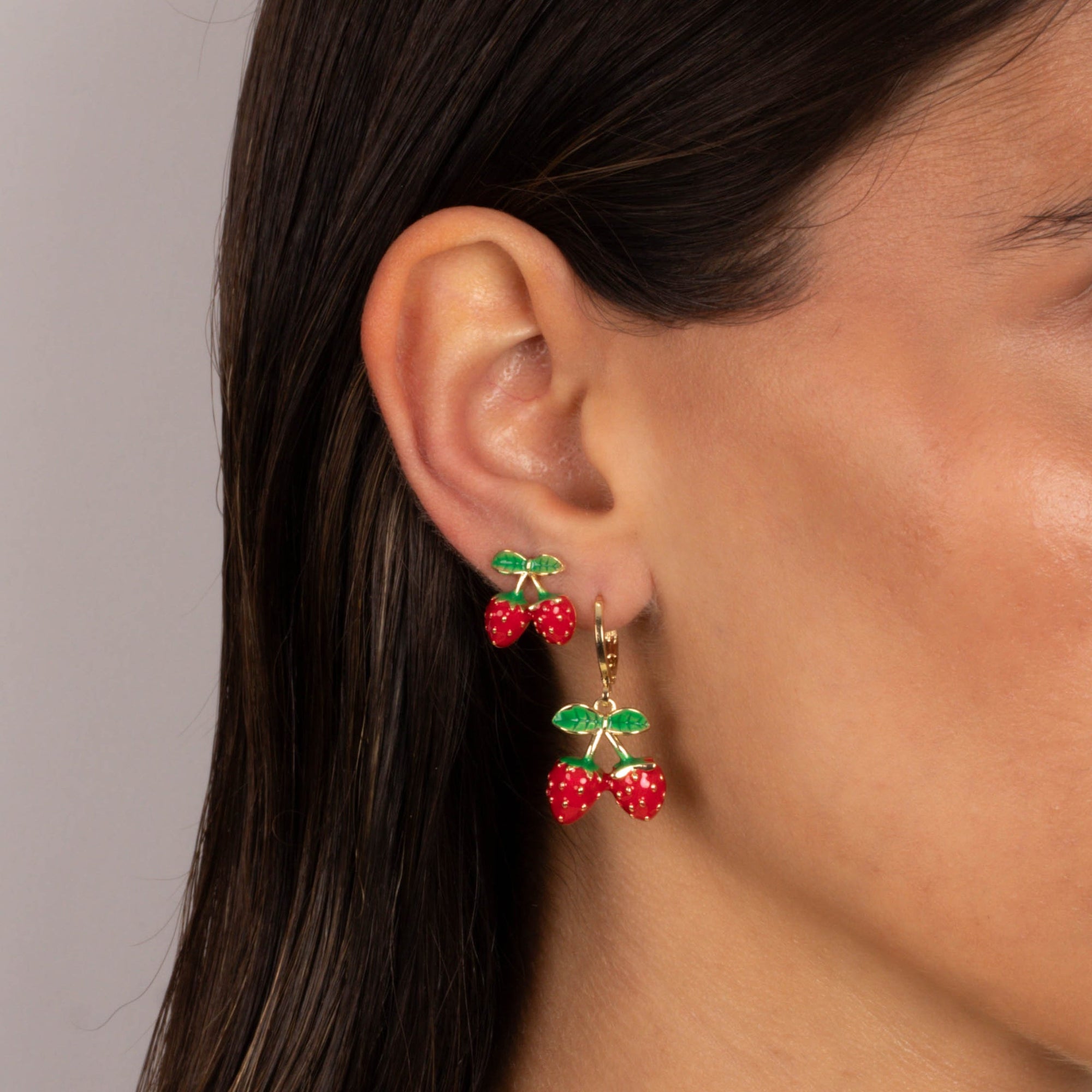 Red & Green Enamel Double Strawberry Stud Earring - Adina's Jewels