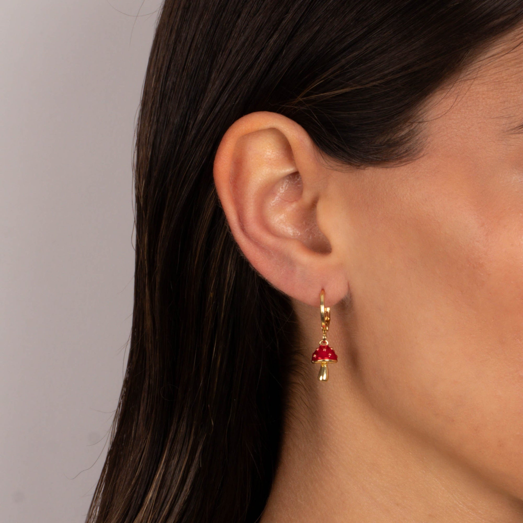 Red Enamel Mushroom Dangling Huggie Earring - Adina's Jewels