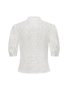 Cotton Lace Openwork Stand Collar Top | White