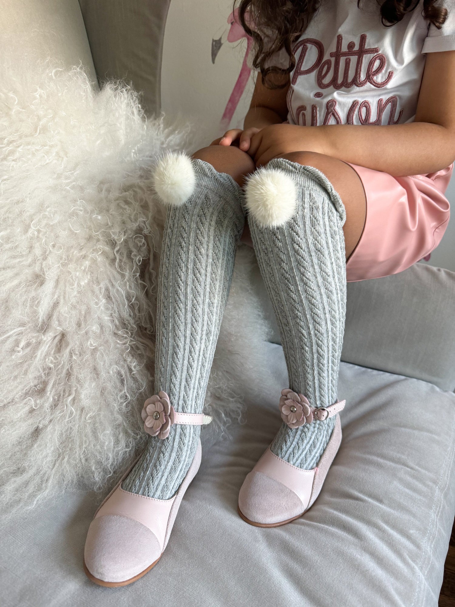 Grey Knee High Socks with Poms  | White