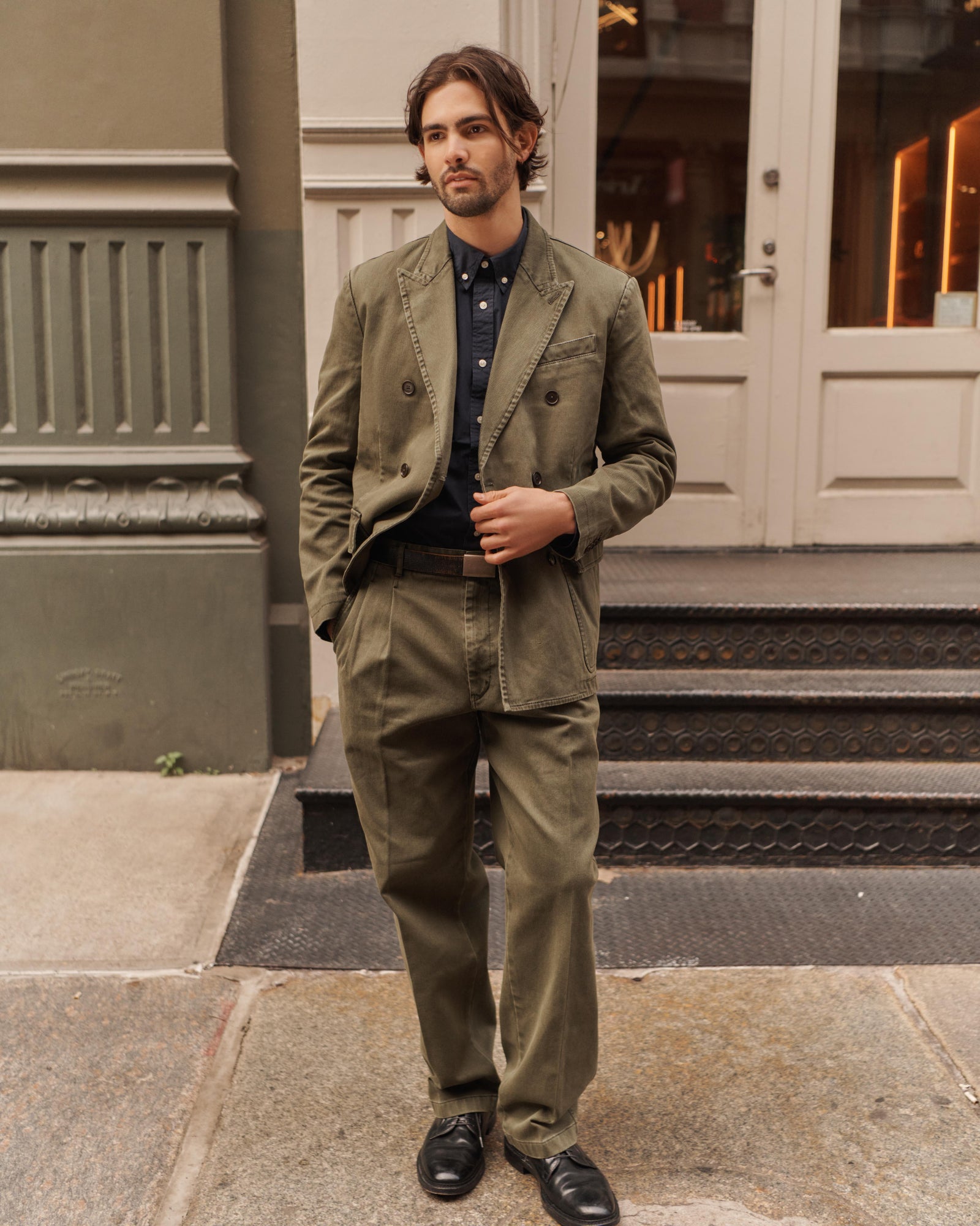 Men | Double Breasted Blazer | Bedford Cotton Washed Olive