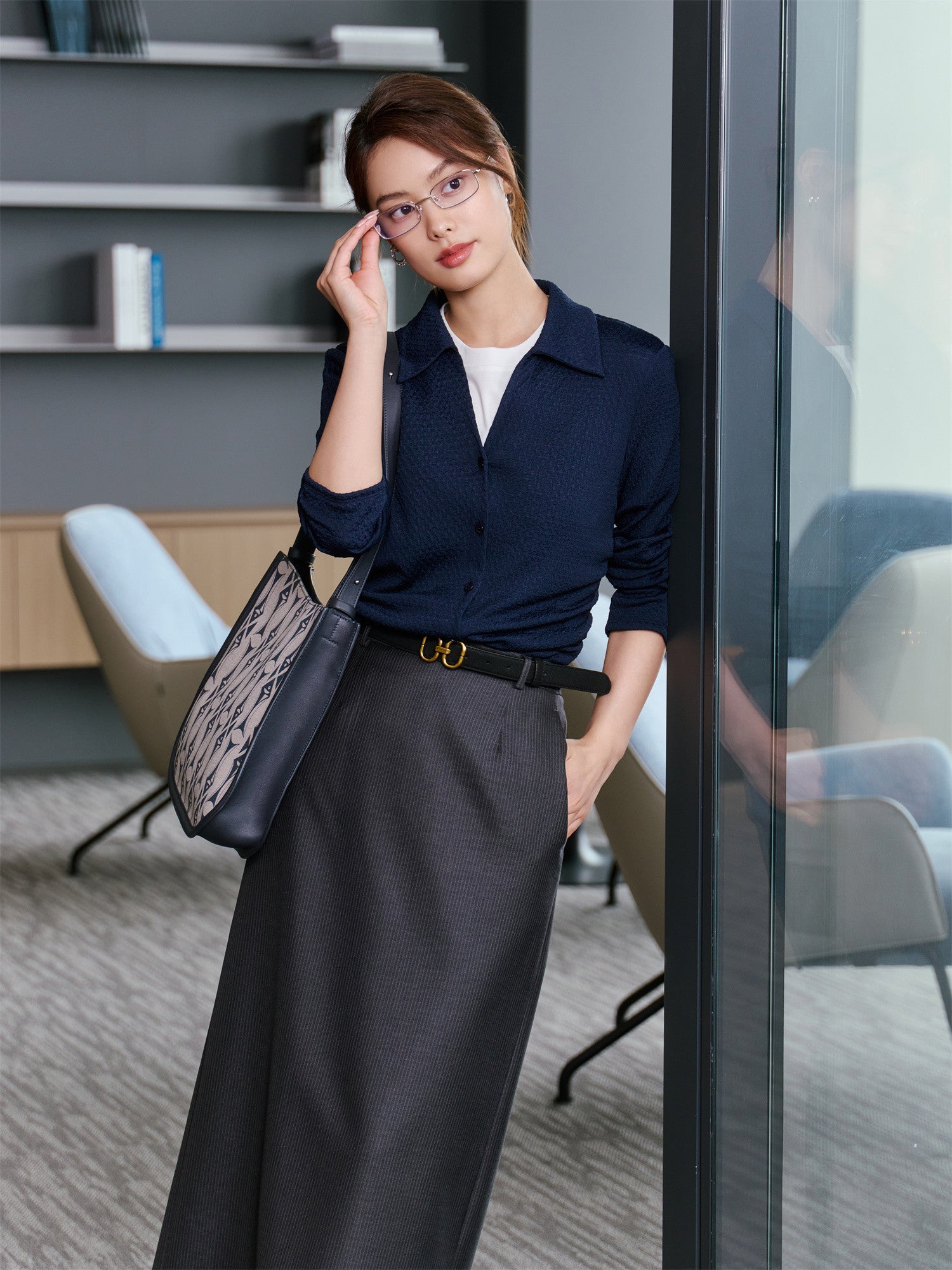 Textured Pleated Shirt | Navy