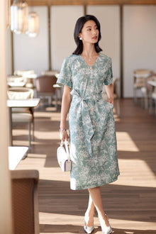 Silk Floral Midi Dress | Green/White