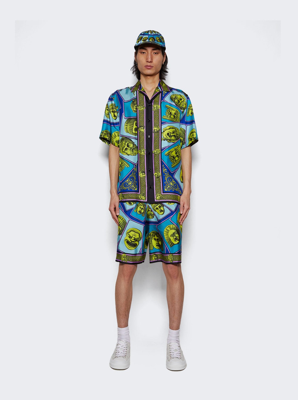 Men | Versace | Twill Silk Mask Print Shorts | Acid Green & Teal