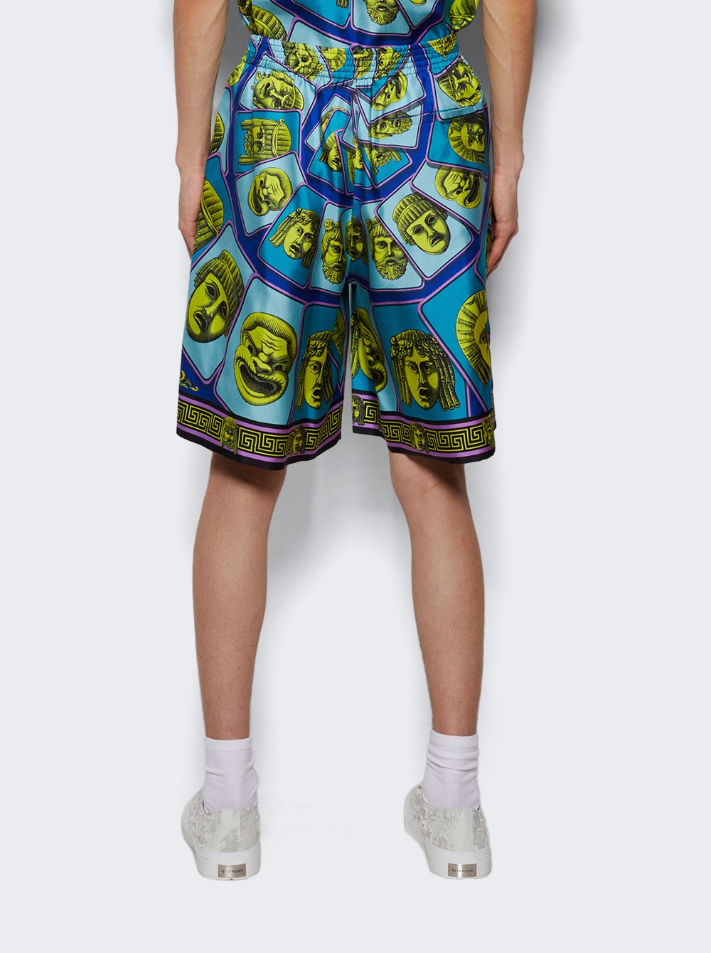 Men | Versace | Twill Silk Mask Print Shorts | Acid Green & Teal
