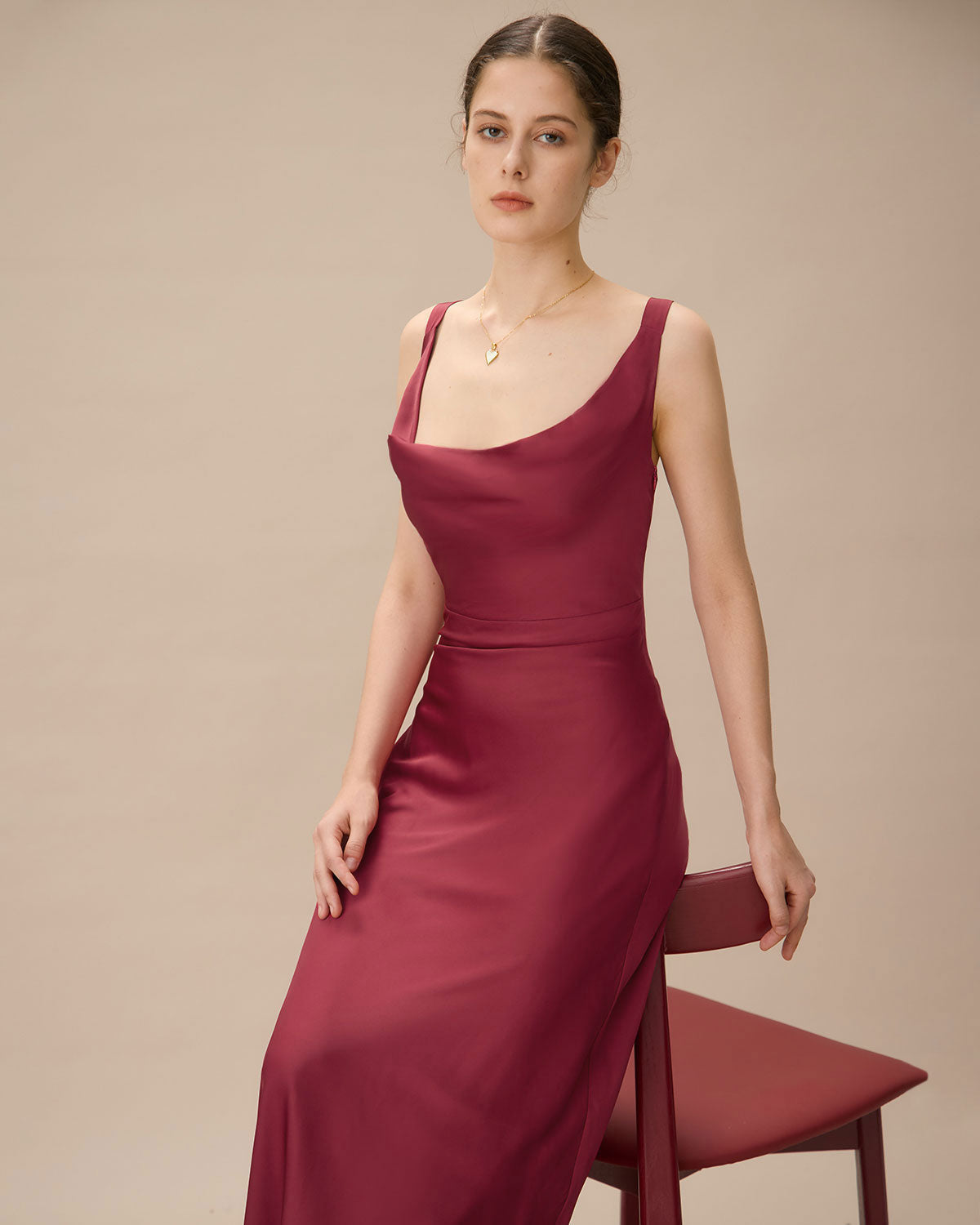 Red Cowl Neck Sheath Satin Maxi Dress