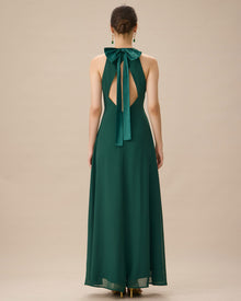 Green Halter Bowknot Back Maxi Dress