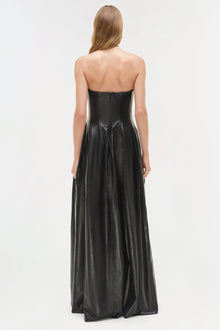 Black leather strapless bustier gown with full-length A-line skirt, shown from back view.