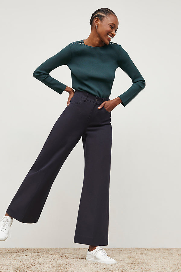 Front image of a woman standing wearing the Milo Jean in ink | Exclude