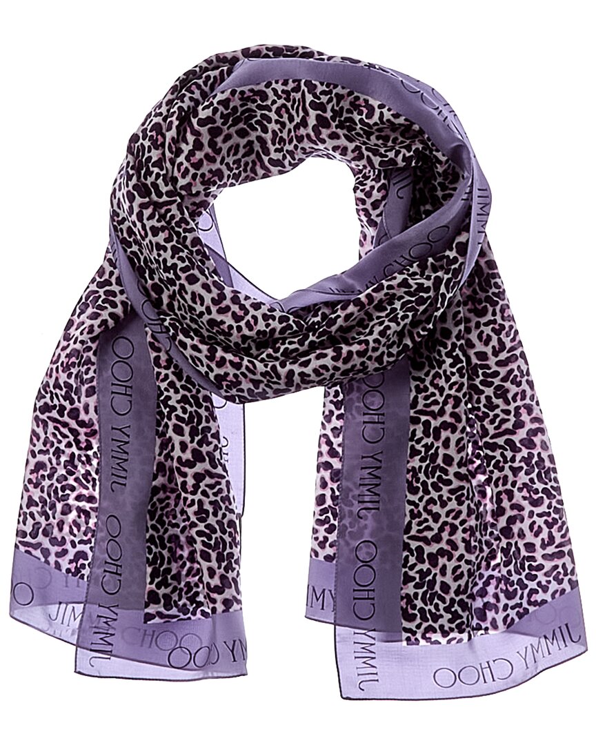 Jimmy Choo | Womens | Logo Silk Scarf | Purple/Pink Leopard