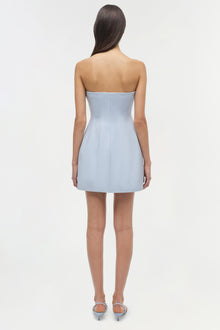 Light blue strapless mini dress with fitted bodice and A-line skirt, shown from back view on model.