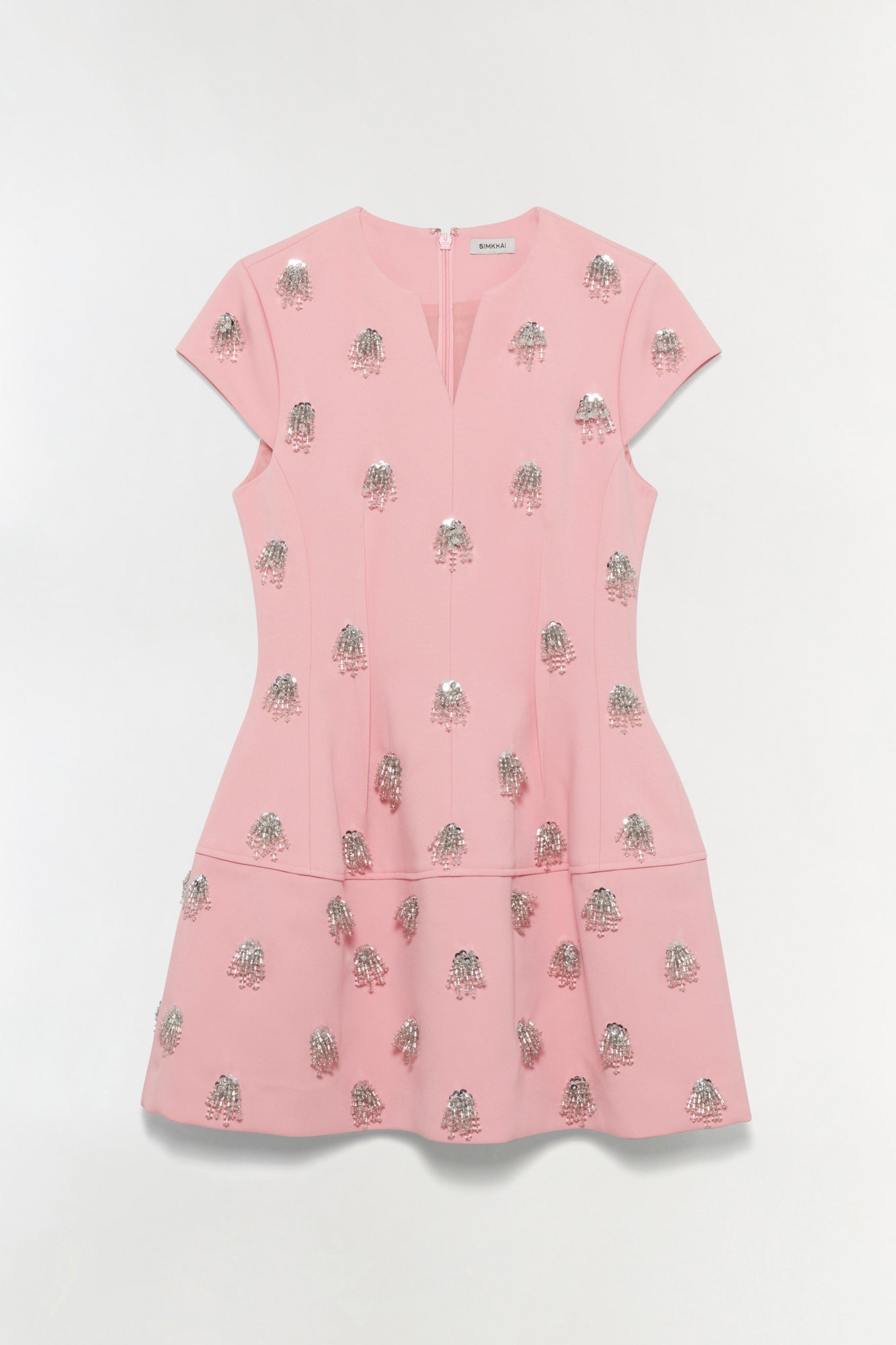 Pink mini dress with silver beaded floral embellishments, short sleeves, and tiered skirt design.