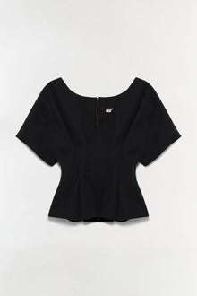 Black cotton faille top with short sleeves, scoop neckline, and peplum hem detail, shown flat lay from back.