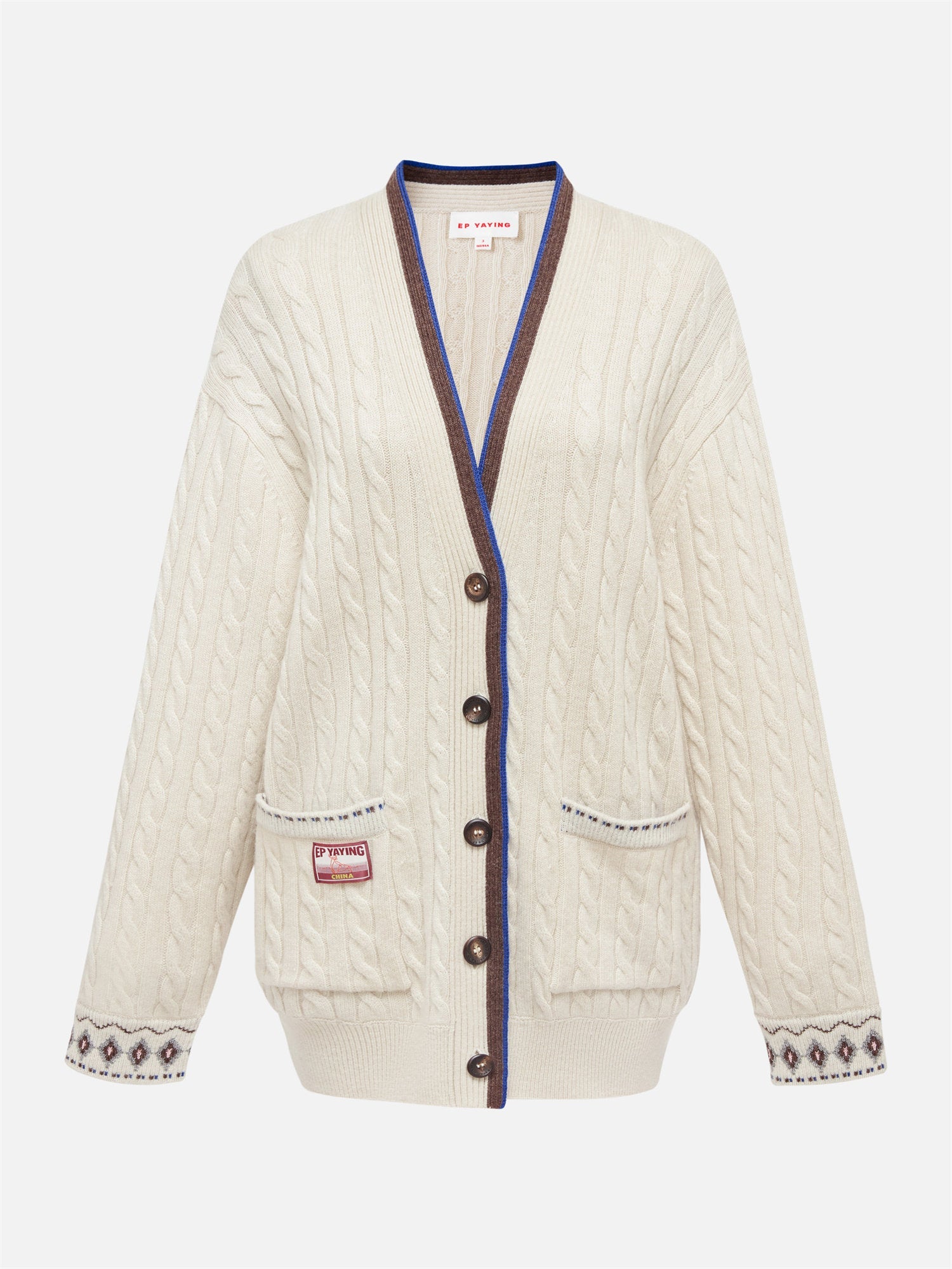 Yak Wool Ethnic Jacquard Cable Knit Cardigan | Beige