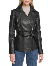 Andrew Marc | Womens | Leather Belted Moto Jacket | Black