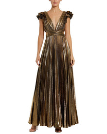 Mac Duggal | Womens | Ruffle Sleeve Cutout Pleated Metallic Gown | Yellow