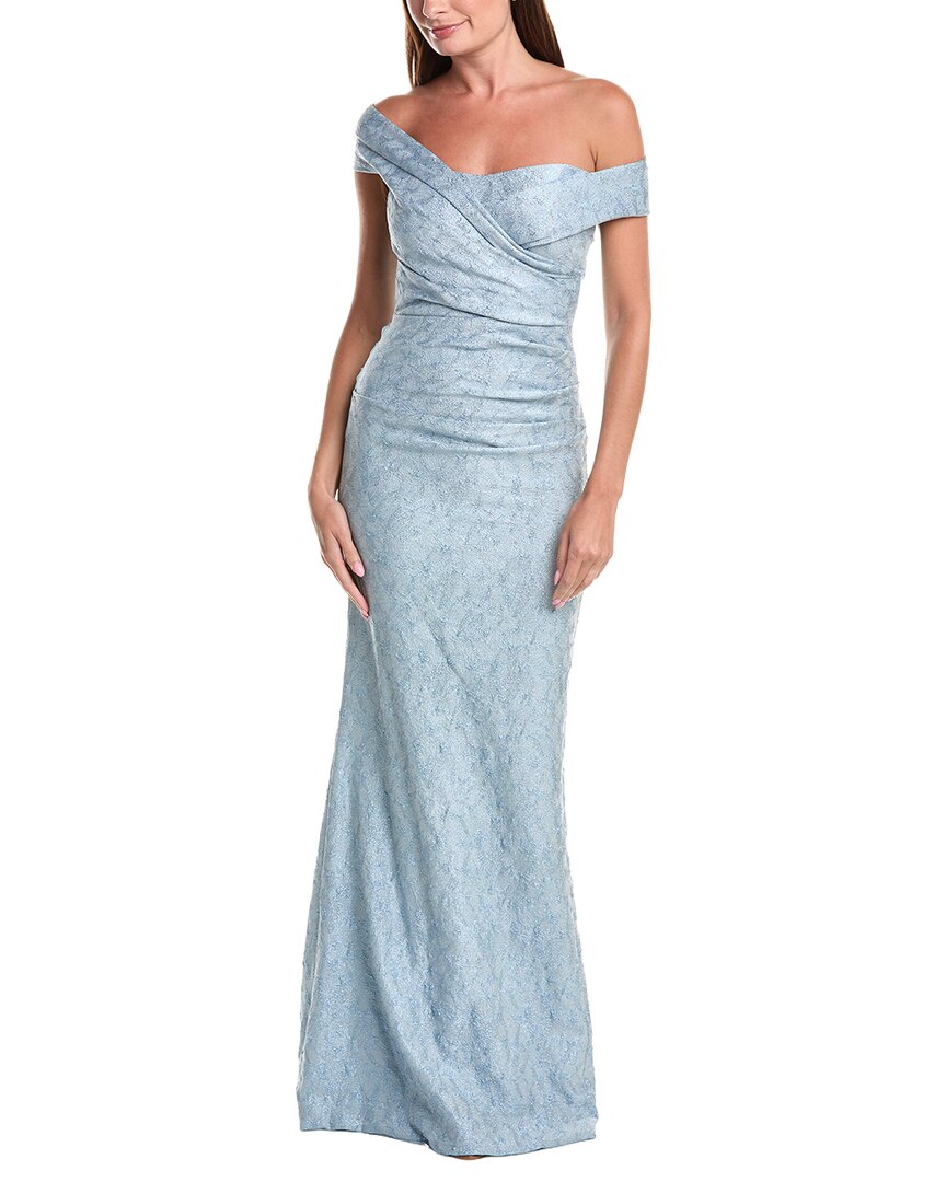 Teri Jon by Rickie Freeman | Womens | Metallic Jacquard Off-Shoulder Pleated Gown | Blue