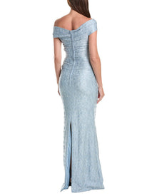Teri Jon by Rickie Freeman | Womens | Metallic Jacquard Off-Shoulder Pleated Gown | Blue