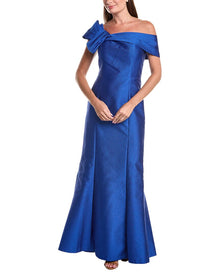 Teri Jon by Rickie Freeman | Womens | Metallic Jacquard Asymmetrical Neck Bow Shoulder
Gown | Blue