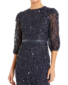 Mac Duggal | Womens | Embellished Quarter Sleeve Long Dress | Navy