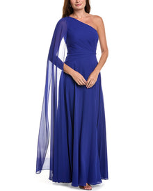 Teri Jon by Rickie Freeman | Womens | Chiffon One-Shoulder Drape Gown | Blue