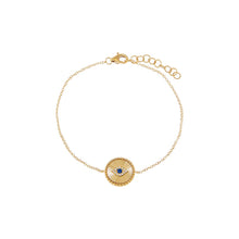 14K Gold Diamond Pave & Sapphire Blue Evil Eye Ridged Disc Bracelet 14K - Adina's Jewels