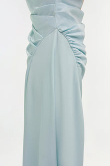 Light blue satin midi dress with draped ruching on the bodice and side, shown from waist down.