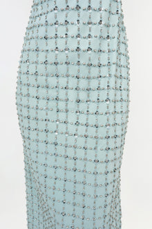 Light blue midi dress with all-over crystal and pearl beaded embellishments in grid pattern.