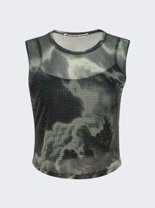 Women | alexanderwang | Crystal Hotfix Organza Jersey Tank Top Cloud-print | Black