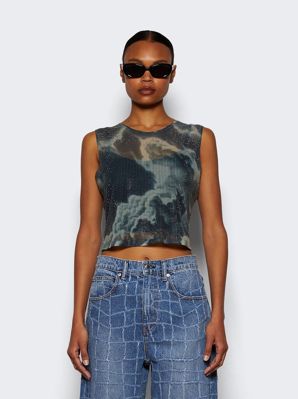 Women | alexanderwang | Crystal Hotfix Organza Jersey Tank Top Cloud-print | Black
