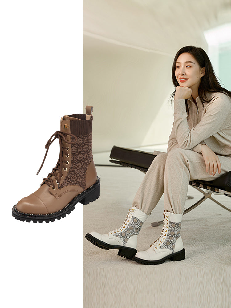 Knit Lace Up Ankle Boots | Brown