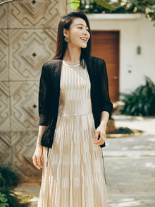 3/4 Sleeve Mulberry Silk Open-Knit Cardigan | Black
