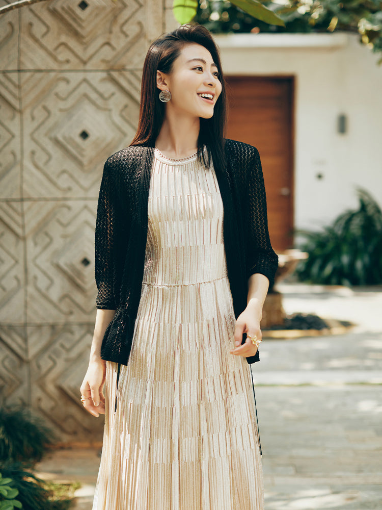 3/4 Sleeve Mulberry Silk Open-Knit Cardigan | Black