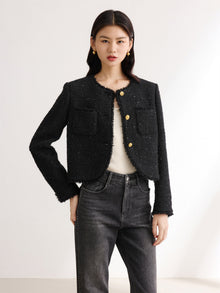 Sequin Tweed Straight Short Boxy Coat | Black