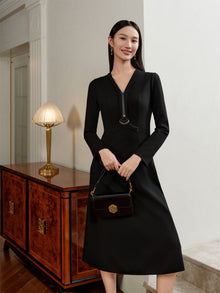 V-Neck Waist-Cinching A-Line Mid-Length Dress | Black