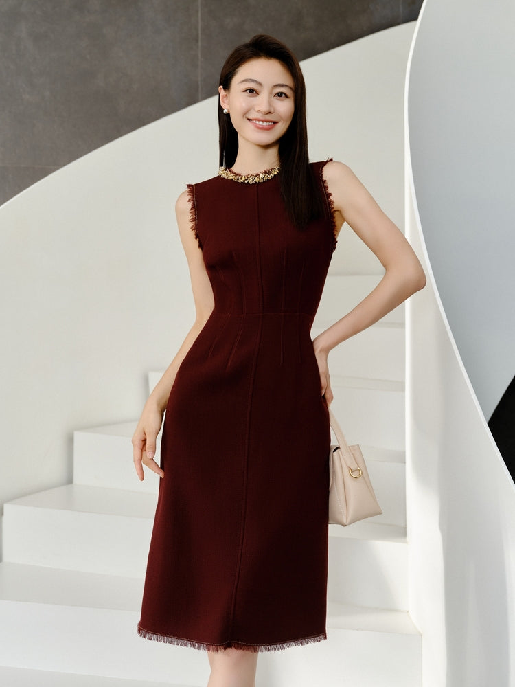 Elegant Pure Wool Dress | Wine Red
