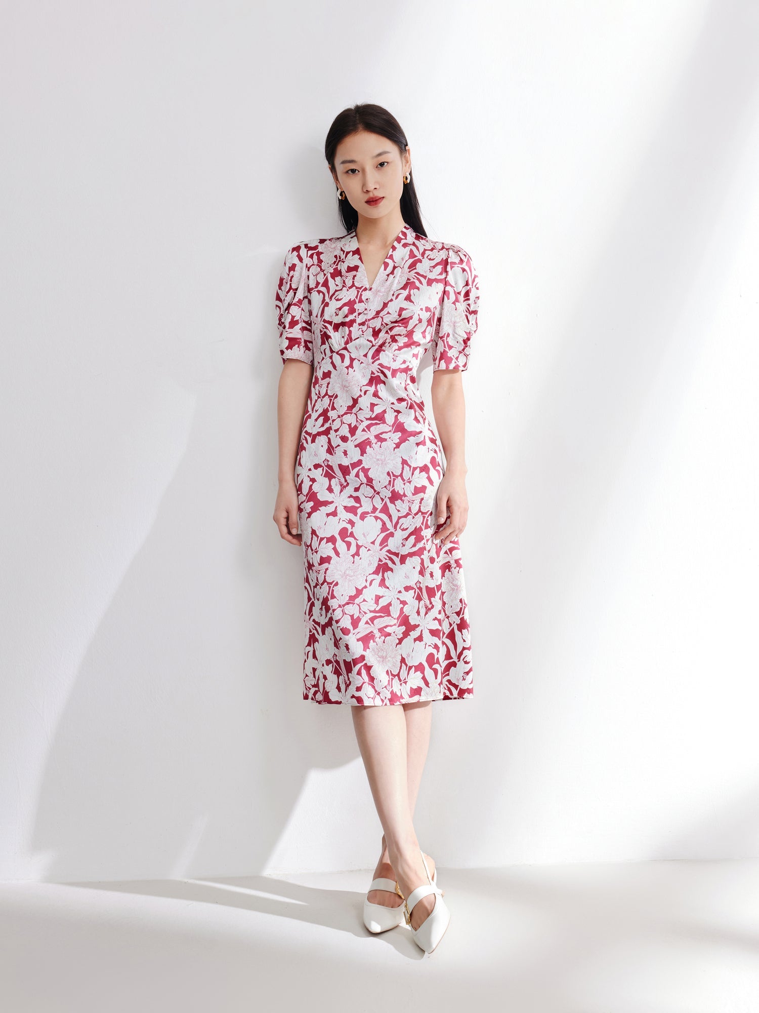 Silk Printed Waist-Cinched Dress | Red