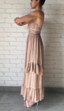 Gaia V-Neck Strapline Sleeveless Center Cutt Long Dress | Beige