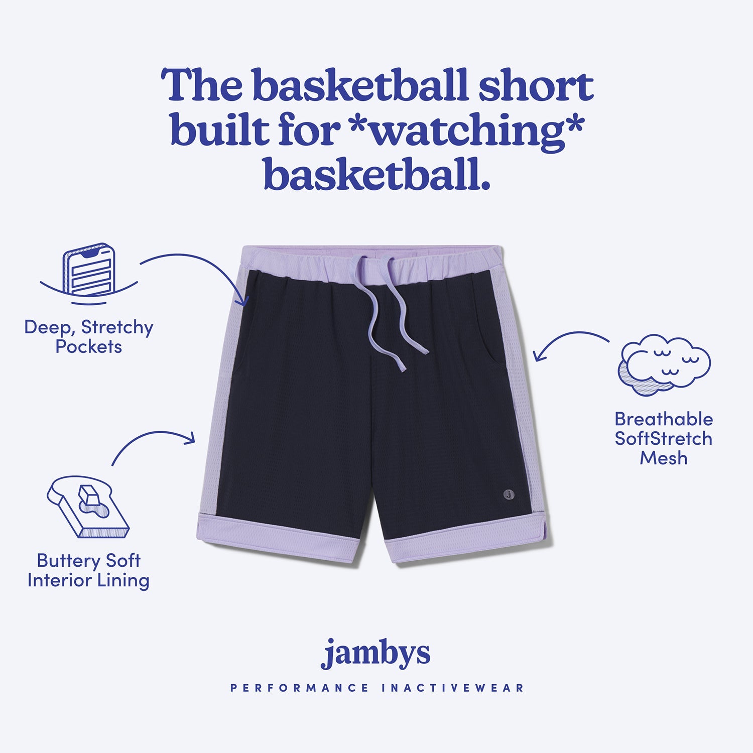 Breathable Mesh Lounge Shorts with Modal Lining | Navy/Lavender