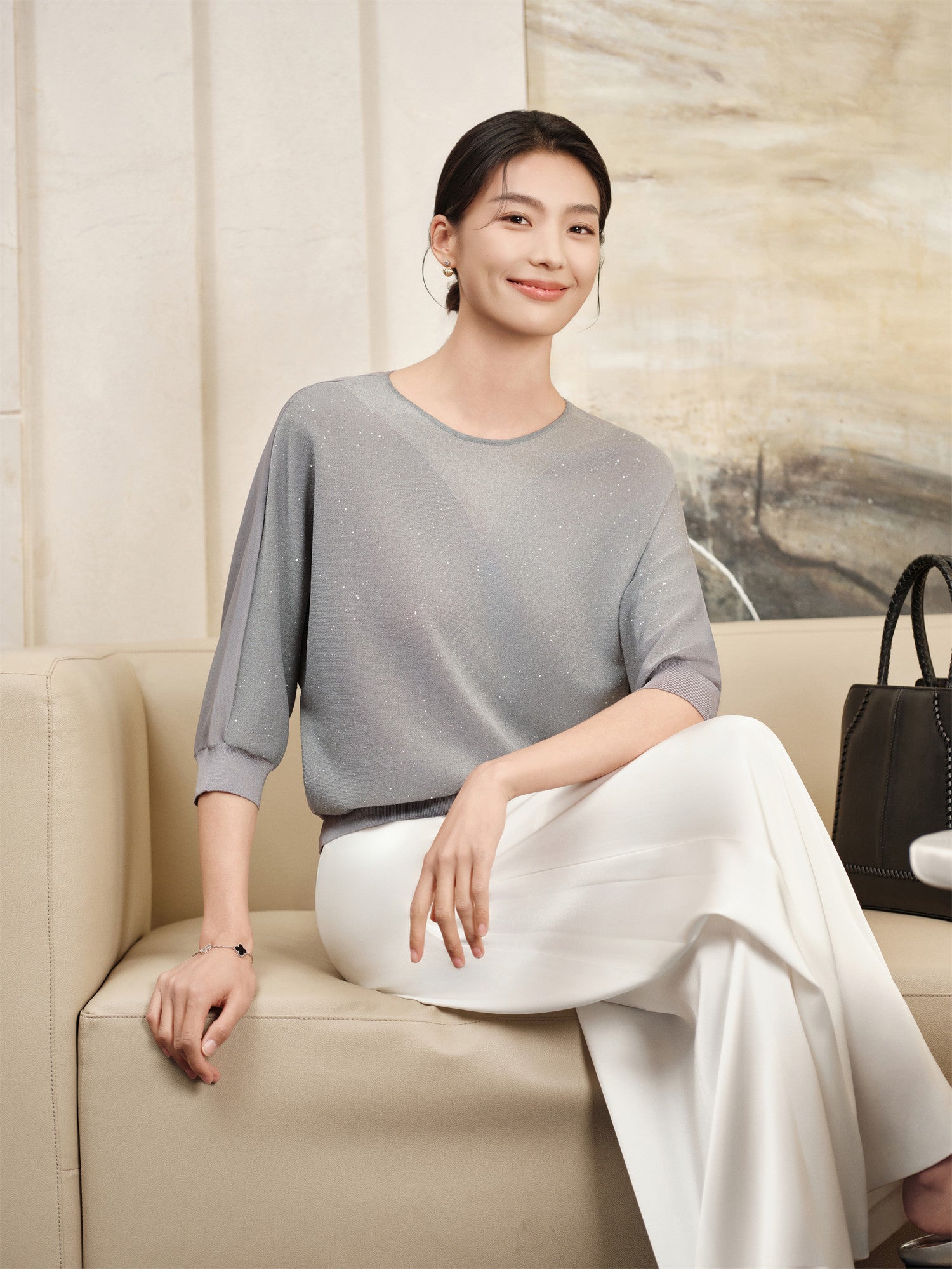 Raglan Sleeve Silhouette Starry Sky Top | Grey