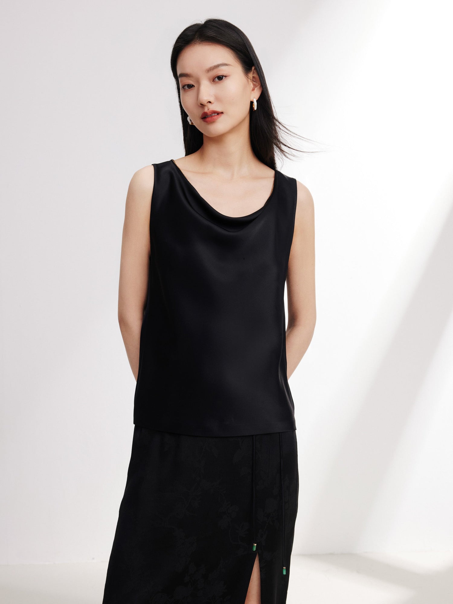 Sleeveless Draped Neck Top | Black