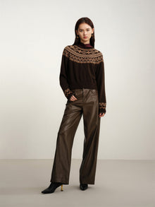 Coffee Yak Wool Ethnic Jacquard Pullover Sweater | Brown