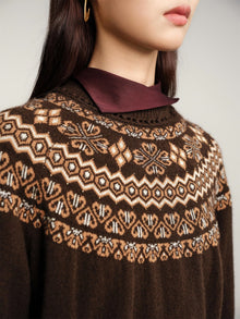 Coffee Yak Wool Ethnic Jacquard Pullover Sweater | Brown