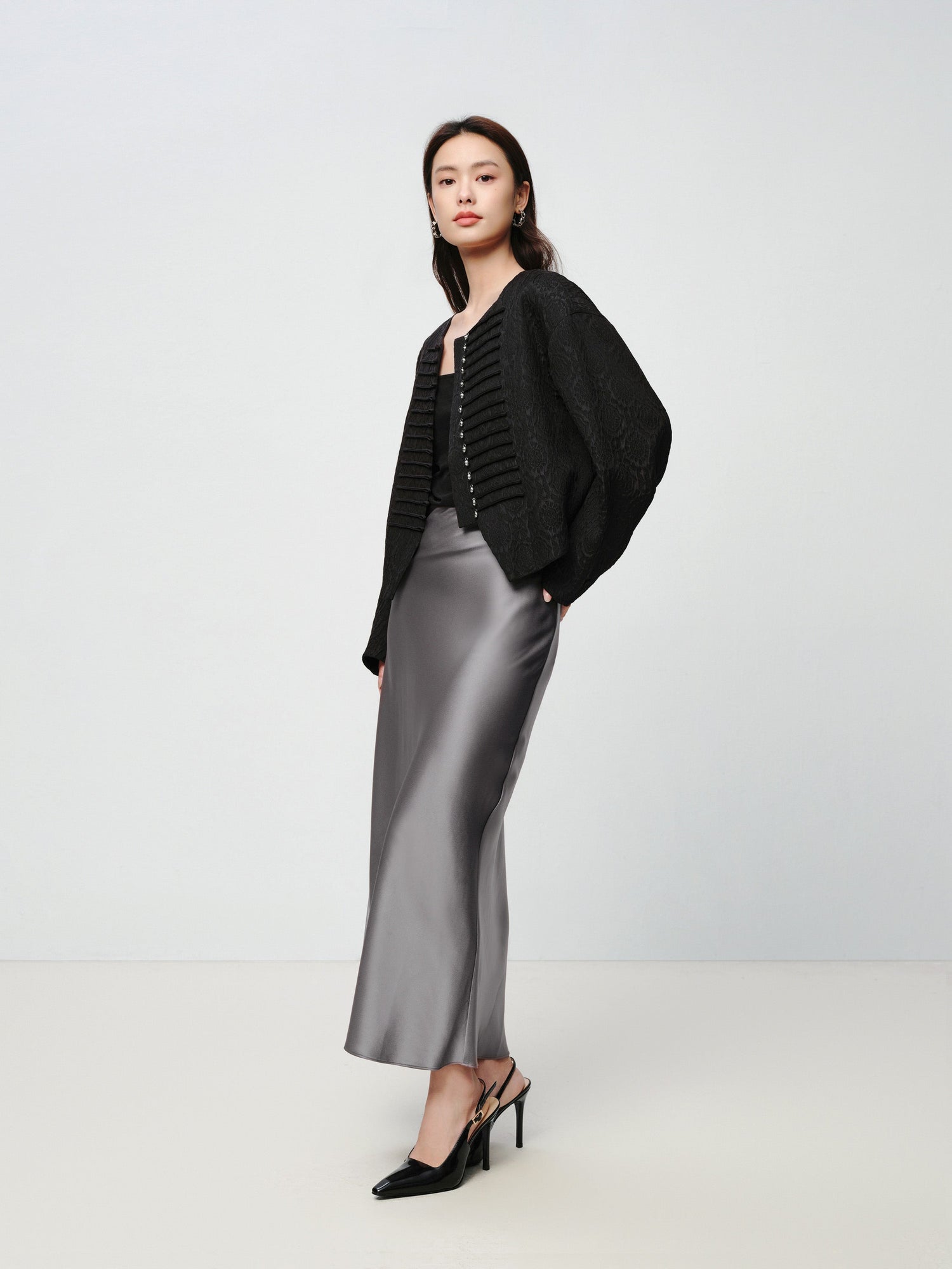 Mulberry Silk Wool Jacquard Frog Button Jacket | Black