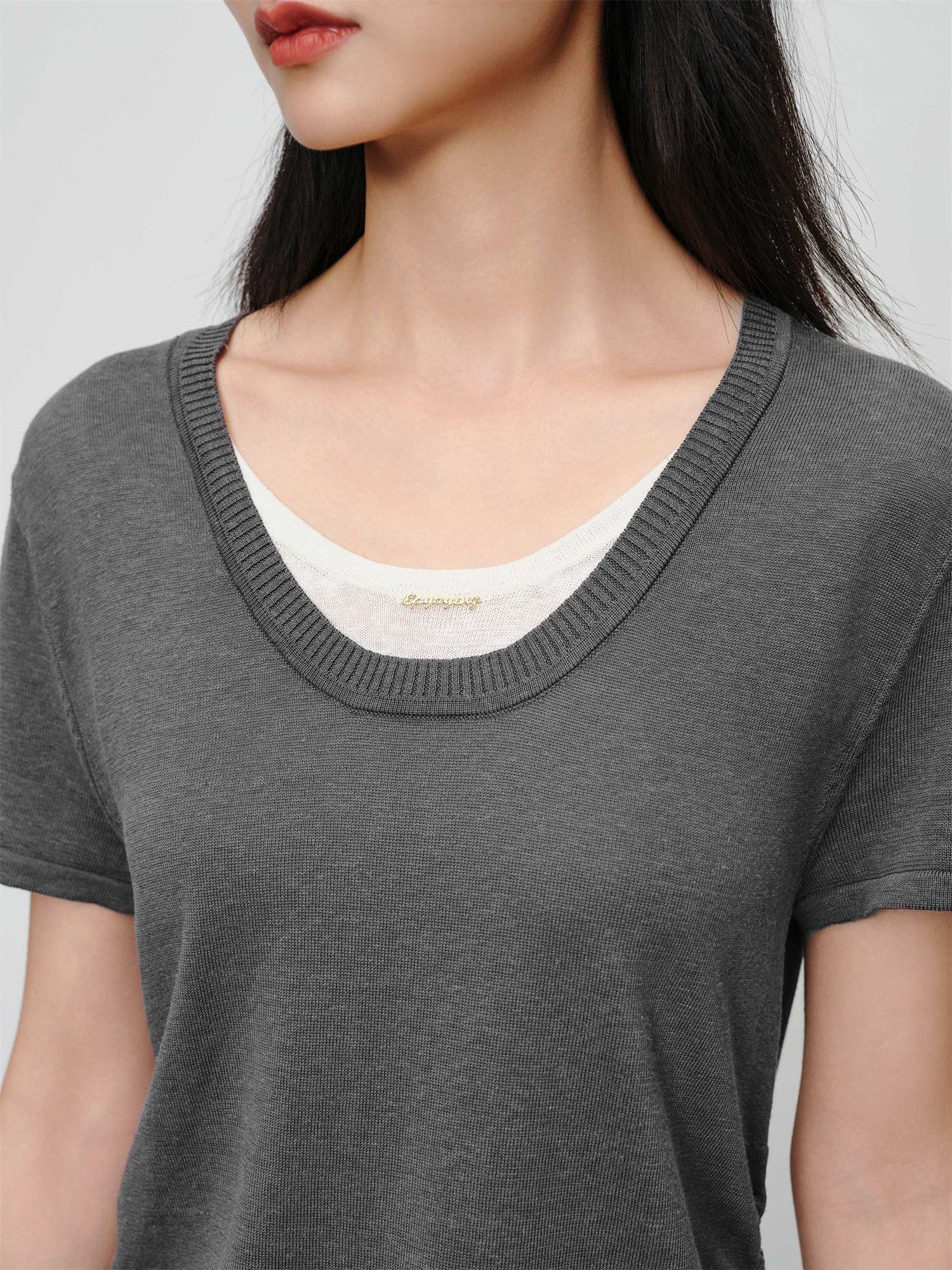Linen Blend Crew Neck T-Shirt | Grey