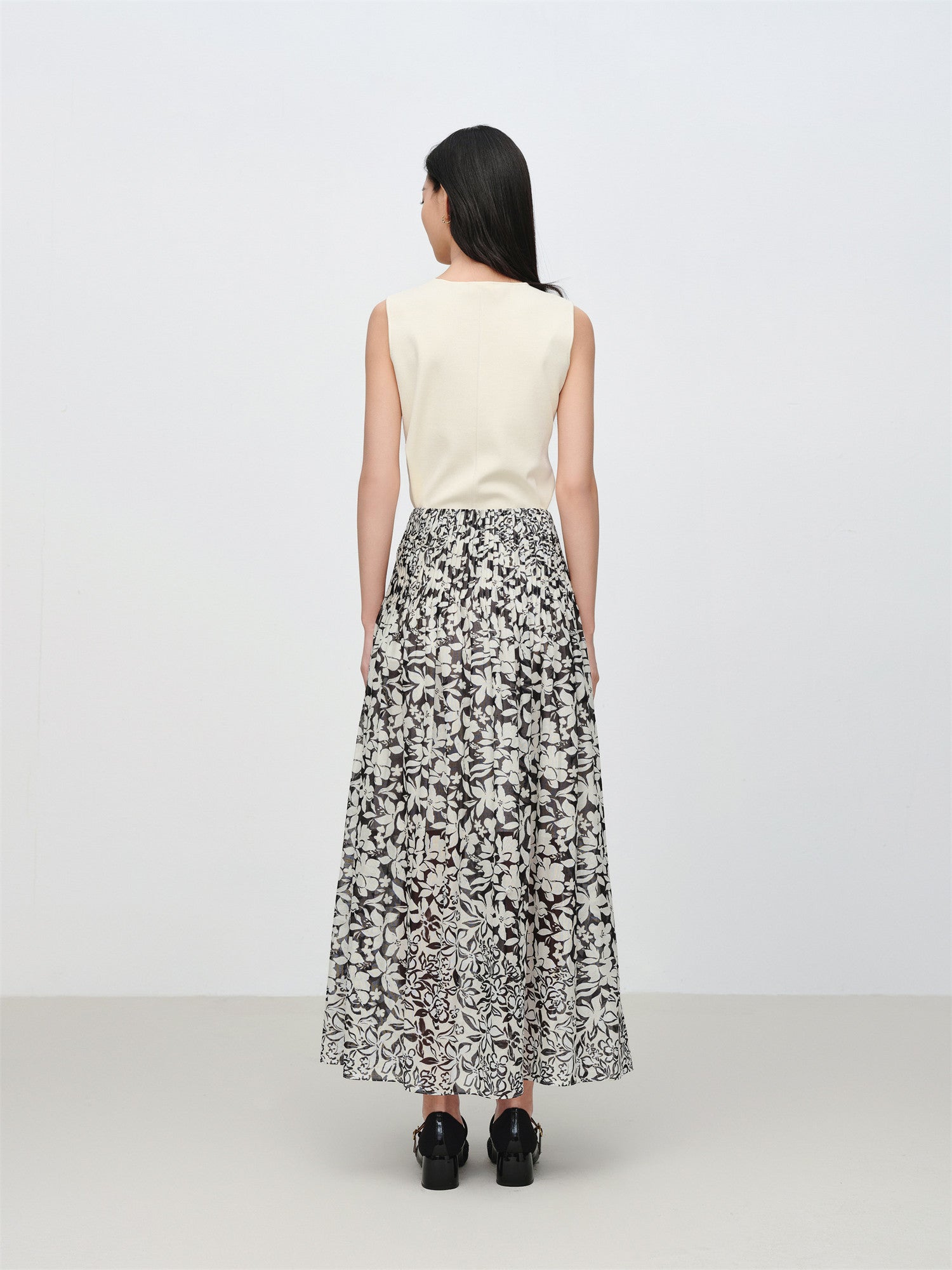 Cotton Printed Pleated Skirt | Black