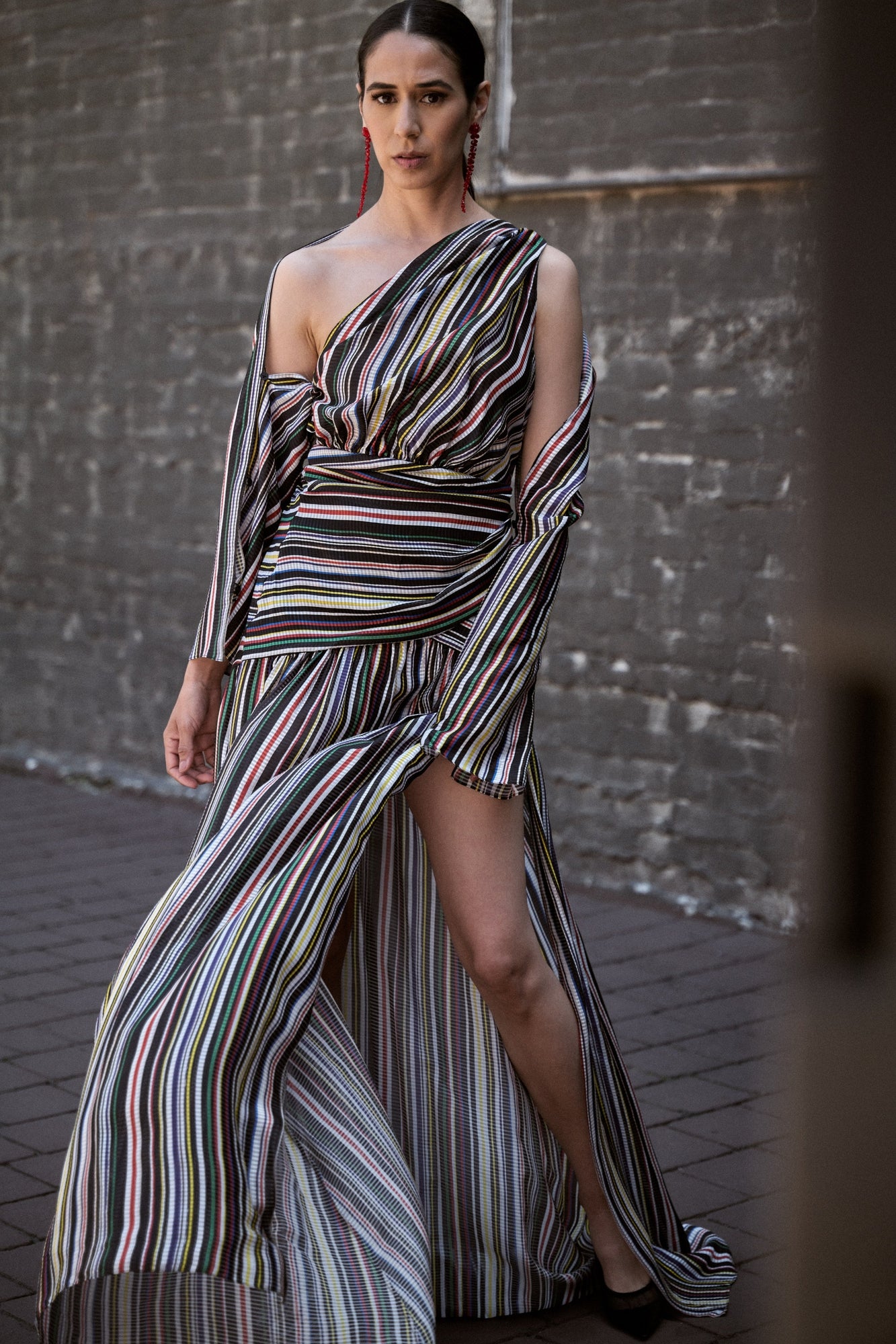 ROSIE ASSOULIN One Shoulder Stripe Seersucker Gown