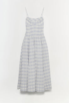 Sleeveless cotton midi dress with blue and white gingham check pattern, sweetheart neckline, and gathered skirt.